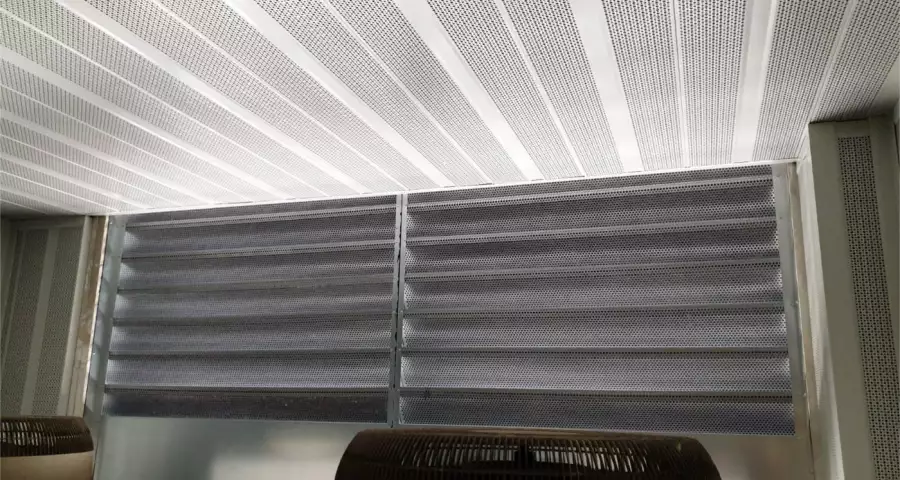 Modular Acoustic Louvres Viewed from inside the enclosure at rear of acoustic louvers